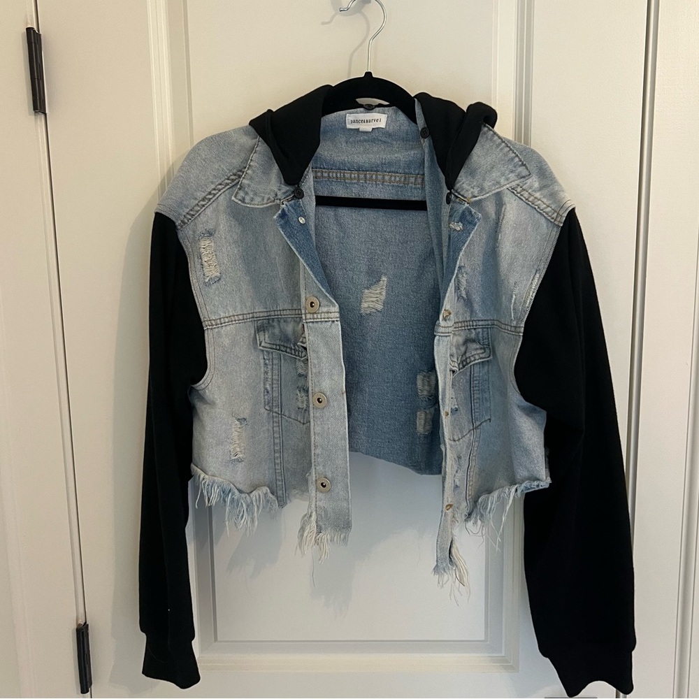 VICI Cropped Denim Hoodie Jacket